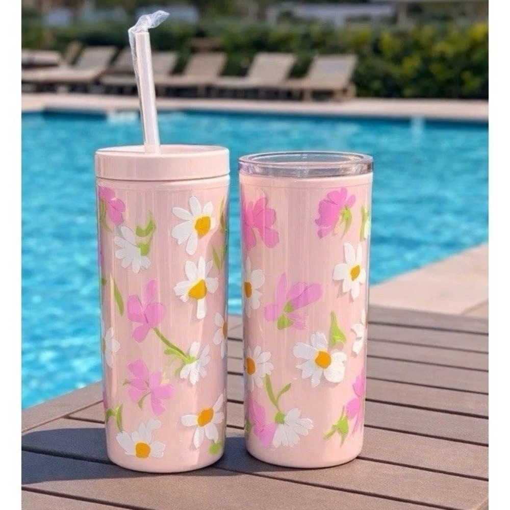 Kate Spade NY Pink Floral Tumbler with Straw and Thermal Mug Set 2pc